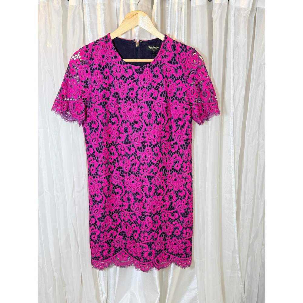Juicy Couture Lace Shift Dress Womens 4 Pink Floral Short Sleeve Black Label